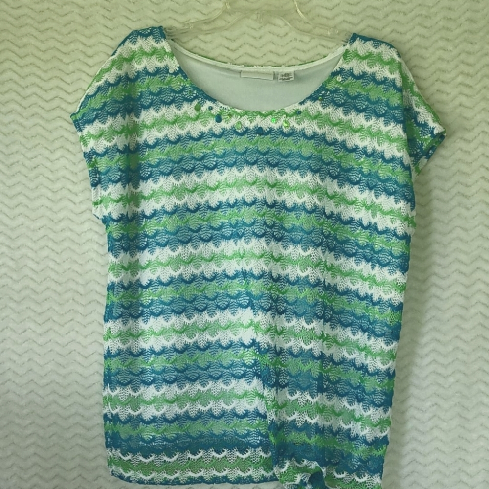 Alfred Dunner short sleeve crochet look top w/ tie